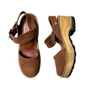 70s vintage brown suede boho wooden platform mary jane clogs sandals shoes